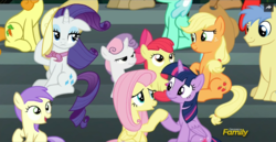 Size: 1049x542 | Tagged: safe, screencap, alula, apple bloom, applejack, carrot top, fluttershy, golden harvest, goldengrape, pluto, rarity, sir colton vines iii, sweetie belle, twilight sparkle, alicorn, earth pony, pegasus, pony, unicorn, g4, newbie dash, cutie mark, discovery family logo, faic, female, filly, hat, holding hooves, male, mare, stallion, the cmc's cutie marks, twilight sparkle (alicorn)