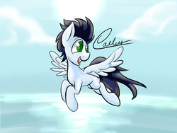 Size: 1024x768 | Tagged: safe, artist:caelus-streak, soarin', pegasus, pony, g4, flying, happy, male, missing cutie mark, sky, solo, stallion