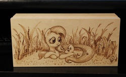 Size: 1280x787 | Tagged: safe, artist:horseez, fluttershy, g4, box, female, pyrography, solo, traditional art, woodwork