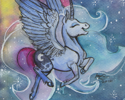 Size: 1024x821 | Tagged: safe, artist:sagastuff94, princess luna, classical unicorn, g4, cloven hooves, eyes closed, female, flying, horn, leonine tail, solo, spread wings, traditional art, unshorn fetlocks, watercolor painting