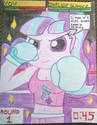 Size: 1469x1893 | Tagged: safe, artist:toyminator900, starlight glimmer, equestria girls, g4, boxing, boxing gloves, boxing ring, equestria girls-ified, offscreen character, pov, punch, traditional art