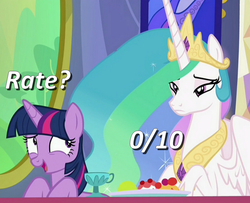 Size: 700x567 | Tagged: safe, edit, edited screencap, screencap, princess celestia, twilight sparkle, alicorn, pony, g4, no second prances, celestia is not amused, female, image macro, mare, meme, twilight sparkle (alicorn)