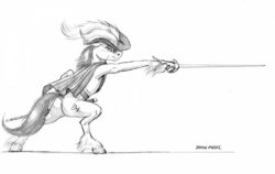 Size: 1100x694 | Tagged: safe, artist:baron engel, oc, oc only, oc:calvados, pony, bipedal, feather, hat, monochrome, pencil drawing, solo, sword, traditional art, unshorn fetlocks, weapon