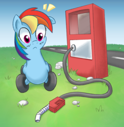 Size: 976x1000 | Tagged: safe, anonymous artist, artist:adequality, color edit, edit, rainbow dash, original species, wheelpone, g4, :<, blushing, car, colored, female, frown, gas pump, gasoline, implied insertion, refueling, solo, species swap, wide eyes