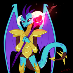 Size: 1000x1000 | Tagged: safe, artist:roxdragonz, princess ember, dragon, g4, armor, bloodstone scepter, dragon armor, dragon lord ember, female, solo