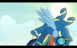 Size: 1280x800 | Tagged: safe, screencap, rainbow dash, spitfire, g4, newbie dash, backbend, discovery family logo, wonderbolts uniform