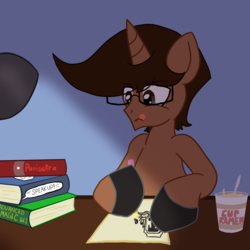 Size: 2600x2600 | Tagged: safe, artist:nerdymexicanunicorn, oc, oc only, oc:nerdy, pony, unicorn, book, college, food, glasses, high res, holding, hooves on the table, lamp, lighting, noodles, pencil, ramen, tongue out, writing