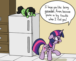 Size: 1000x800 | Tagged: safe, artist:skitter, twilight sparkle, oc, oc:anon, oc:filly anon, alicorn, pony, g4, angry, cabinet, cute, dialogue, drawer, female, grounded, hiding, kitchen, mare, open mouth, refrigerator, speech bubble, twilight sparkle (alicorn), yelling