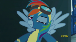 Size: 1357x757 | Tagged: safe, screencap, rainbow dash, g4, my little pony: friendship is magic, newbie dash, discovery family logo, faic, scrunchy face, wonderbolts uniform