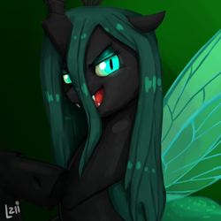 Size: 2000x2000 | Tagged: safe, artist:elzielai, queen chrysalis, changeling, changeling queen, g4, crown, female, glowing eyes, high res, jewelry, regalia, smiling, solo