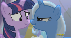 Size: 1280x679 | Tagged: safe, screencap, trixie, twilight sparkle, alicorn, pony, g4, no second prances, boop, discovery family logo, female, mare, noseboop, scrunchy face, twilight sparkle (alicorn)