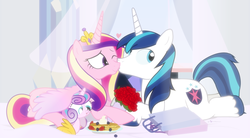 Size: 1500x830 | Tagged: safe, artist:dm29, princess cadance, princess flurry heart, shining armor, g4, bed, female, food, julian yeo is trying to murder us, kissing, male, mother's day, pancakes, ship:shiningcadance, shipping, straight