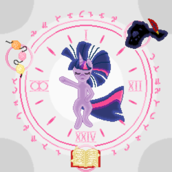 Size: 900x900 | Tagged: safe, artist:k64speed, twilight sparkle, g4, book, damaged, female, glowing, golden oaks chandelier, ink, magic, magic circle, pixel art, quill, runes, solo