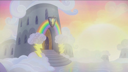 Size: 1920x1080 | Tagged: safe, screencap, g4, newbie dash, background, building, cloud, no pony, sunrise, wonderbolts headquarters