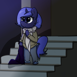 Size: 1050x1050 | Tagged: safe, artist:davierocket, princess luna, anthro, unguligrade anthro, g4, blanket, clothes, coat, female, filly, scarf, slippers, solo, stairs, woona