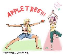 Size: 1020x855 | Tagged: safe, artist:mlp-fap-art, applejack, fluttershy, human, g4, apple, armpits, fluttertree, food, humanized, yoga