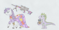 Size: 1708x868 | Tagged: safe, artist:agentappleblanket, rarity, spike, g4, ammo can, camouflage, gun, heckler and koch, magic, pencil drawing, psg1, rifle, telekinesis, traditional art, weapon