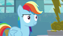 Size: 1280x720 | Tagged: safe, edit, edited screencap, screencap, rainbow dash, pegasus, pony, g4, newbie dash, season 6, animated, cloud, cloudsdale, discovery family logo, female, folded wings, forthright filly, funny face, gif, gif party, giggity, headbob, lighting bolt, mare, party in the comments, solo, trophy, window, wings