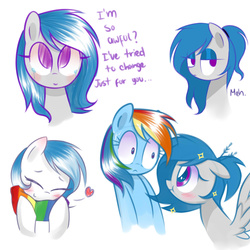 Size: 2000x2000 | Tagged: safe, artist:darkynez, rainbow dash, oc, oc:spooky glare, g4, :<, :t, blushing, clothes, crying, cute, eye contact, eyeshadow, fangirl, floppy ears, frown, heart, high res, lidded eyes, looking at each other, looking up, makeup, meh, sad, scared, scarf, simple background, smiling, sparkles, stalker, white background, wide eyes
