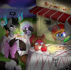 Size: 1024x1012 | Tagged: safe, artist:teranen, oc, oc only, oc:aggie, oc:doodles, oc:ice trio, oc:krylone, oc:paulpeoples, colored pupils, food, kryggie, pasta, pizza, spaghetti