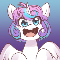 Size: 650x650 | Tagged: safe, artist:cosmalumi, princess flurry heart, alicorn, pony, g4, bucktooth, cute, female, filly, flurrybetes, flurryheart-babbles, gradient background, looking at you, older, open mouth, smiling, solo, weapons-grade cute