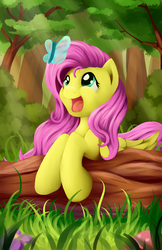 Size: 3300x5100 | Tagged: safe, artist:grennadder, fluttershy, butterfly, g4, absurd resolution, big hooves, cute, female, flower, forest, happy, looking at something, looking up, open mouth, shyabetes, solo