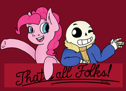 Size: 1024x742 | Tagged: safe, artist:solosketcher, pinkie pie, g4, fourth wall, looney tunes, open mouth, raised hoof, sans (undertale), sans pie, simple background, skeleton, smiling, that's all folks, undertale, wink