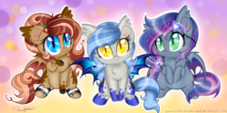 Size: 1600x791 | Tagged: safe, artist:pvrii, oc, oc only, oc:midnight radiance, oc:nashira, oc:passion aroma, bat pony, pony