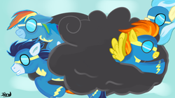 Size: 1280x720 | Tagged: safe, artist:jbond, misty fly, rainbow dash, soarin', spitfire, pegasus, pony, g4, newbie dash, cloud, female, male, mare, signature, stallion, stormcloud, wonderbolts, wonderbolts uniform