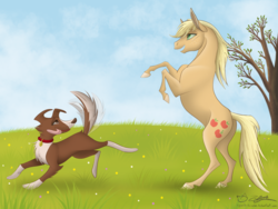 Size: 2048x1536 | Tagged: safe, artist:perle-de-suie, applejack, winona, g4, hoers, rearing