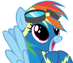Size: 875x752 | Tagged: dead source, safe, artist:cre8ivewing, rainbow dash, pegasus, pony, g4, newbie dash, cute, dashabetes, female, goggles, happy, mare, open mouth, solo, spread wings, wide eyes, wings, wonderbolts uniform