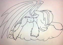 Size: 1200x850 | Tagged: safe, artist:enter24, oc, oc only, oc:steel wing, cloud, lineart, lying, unshorn fetlocks