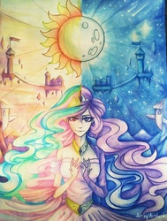 Size: 878x1161 | Tagged: safe, artist:artikotik, princess celestia, princess luna, human, g4, castle, humanized, moon, royal sisters, sun, traditional art