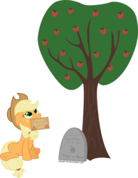 Size: 5543x7149 | Tagged: safe, artist:adog0718, applejack, earth pony, pony, g4, absurd resolution, apple tree, applejack's parents, female, grave, gravestone, implied dead parents, mare, mother's day, mouth hold, sad, simple background, sitting, solo, transparent background, tree, vector