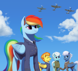 Size: 2974x2724 | Tagged: safe, artist:mrscroup, fleetfoot, night glider, rainbow dash, spitfire, pegasus, pony, equestria at war mod, g4, blue angels, clothes, cloud, ear fluff, eyes closed, female, group, high res, mare, open mouth, p-51 mustang, pilot dash, plane, raised hoof, sky, smiling, supermarine spitfire, uniform, v-e day, yakovlev yak-3