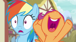 Size: 1280x720 | Tagged: safe, screencap, rainbow dash, scootaloo, g4, newbie dash, nose in the air, open mouth, shrunken pupils, volumetric mouth, wide eyes