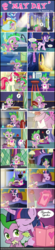 Size: 1433x6533 | Tagged: safe, artist:dsana, roseluck, spike, starlight glimmer, twilight sparkle, alicorn, dragon, earth pony, pony, unicorn, g4, apron, breakfast, clothes, comic, cute, feels, female, food, glowing, glowing horn, high res, horn, magic, mama twilight, mare, morning, mother's day, pancakes, telekinesis, twilight sparkle (alicorn), yawn
