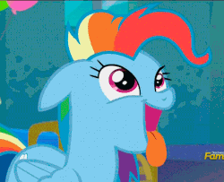 Size: 672x546 | Tagged: safe, edit, edited screencap, screencap, rainbow dash, pegasus, pony, g4, newbie dash, adventure in the comments, animated, barking, behaving like a dog, behaving like pinkie pie, cute, dashabetes, dynamic dash, eyes closed, female, floppy ears, image macro, looking up, meme, open mouth, panting, smiling, solo, tail wag, tongue out