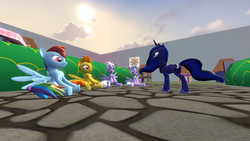 Size: 1280x720 | Tagged: safe, cloudchaser, flitter, princess luna, rainbow dash, spitfire, g4, 3d, sitting, source filmmaker