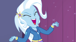 Size: 1280x714 | Tagged: safe, screencap, trixie, equestria girls, g4, my little pony equestria girls: rainbow rocks, adorevil, cute, diatrixes, evil laugh, female, happy, laughing, pure unfiltered evil, smiling, solo