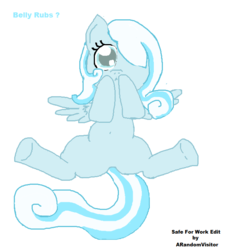 Size: 627x686 | Tagged: source needed, useless source url, safe, edit, oc, oc only, oc:snowdrop, pegasus, pony, :<, belly button, bellyrubs, blind, cute, dialogue, foal, hair over one eye, looking at you, on back, simple background, solo, two toned mane, underhoof, wings