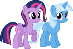 Size: 5714x3822 | Tagged: safe, artist:osipush, trixie, twilight sparkle, alicorn, pony, g4, absurd resolution, alternate hairstyle, counterparts, duo, female, mane swap, mare, raised hoof, simple background, transparent background, twilight sparkle (alicorn), twilight's counterparts, vector