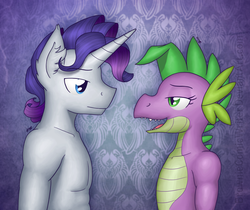 Size: 1280x1077 | Tagged: safe, artist:greenlinzerd, rarity, spike, anthro, g4, anthro dragon, barb, clothes, dragoness, elusive, eye contact, female, fluffy, imminent sex, male, nudity, older, older spike, rule 63, sharp teeth, ship:barlusive, ship:sparity, shipping, smiling, straight, topless