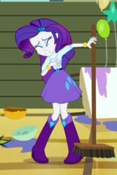 Size: 400x600 | Tagged: safe, screencap, rarity, equestria girls, g4, balloon, boots, bracelet, broom, clothes, cropped, female, high heel boots, jewelry, skirt, solo