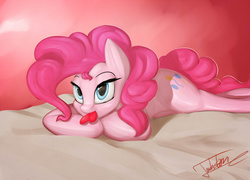 Size: 1250x900 | Tagged: safe, artist:elzzombie, pinkie pie, earth pony, pony, g4, bedroom eyes, cute, diapinkes, female, heart, lying down, mare, mouth hold, palindrome get, prone, signature, solo, sploot