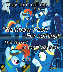 Size: 682x783 | Tagged: safe, edit, edited screencap, screencap, rainbow dash, soarin', pony, g4, newbie dash, fascism, female, image macro, male, meme, rainbow fash, wonderbolts uniform