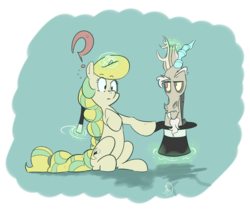 Size: 4001x3394 | Tagged: safe, artist:tentinythimbles, discord, oc, oc:banana twist, g4, hat, high res, magic trick, magician, question mark, unamused, wand