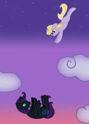 Size: 1636x2282 | Tagged: safe, artist:gogglesparks, dinky hooves, oc, oc:nyx, alicorn, pony, fanfic:past sins, g4, alicorn oc, cloud, falling, female, filly, foal