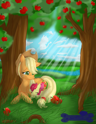 Size: 1634x2116 | Tagged: safe, artist:sofua, apple bloom, applejack, earth pony, pony, g4, apple tree, female, filly, foal, mare, prone, sisters, tree