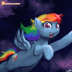 Size: 750x750 | Tagged: safe, artist:lumineko, rainbow dash, g4, female, flying, looking at you, night, open mouth, patreon, patreon logo, solo